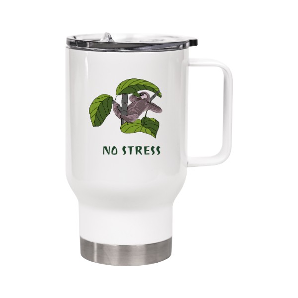 Cestovní termohrnek s uchem s potiskem Termohrnek - Lenochod - NO STRESS