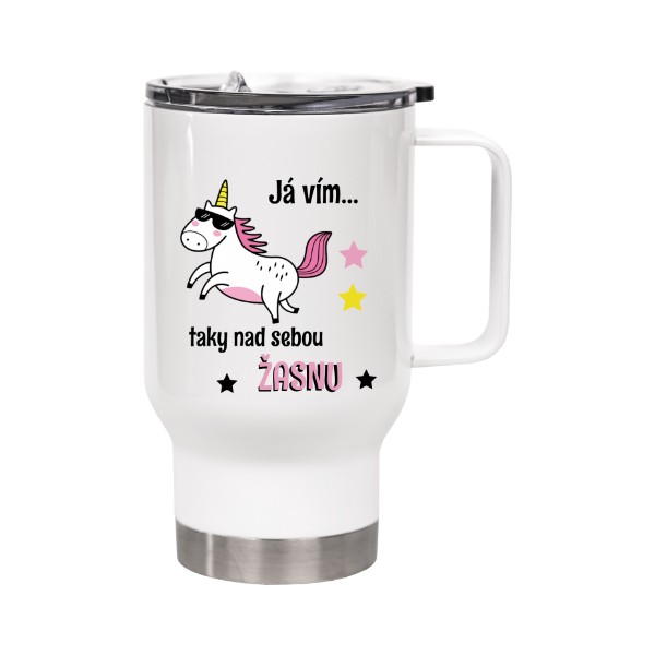 Cestovní termohrnek s uchem s potiskem Žasnu nad sebou